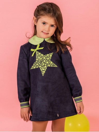 Vera Vestido Infantil Antelina Corte Evasé Marino Bordado Estrella Flúor 23IV08 Nekenia 