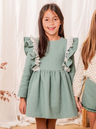 Nekenia Vestido infantil Vuelo Talle Alto Piqué Verde Volante Doble Hombros 2311818