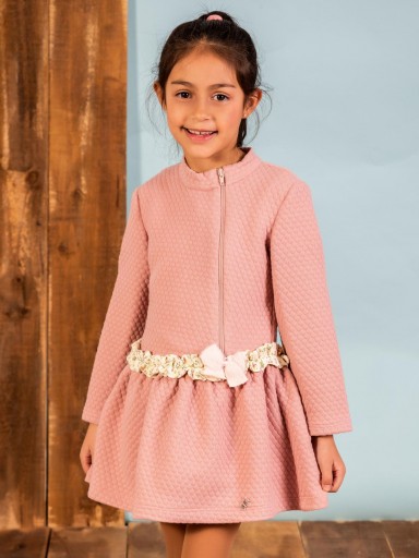 Vera Vestido Infantil Talle Bajo Vuelo Cloqué Rosa Volante Estampado Cremallera Delantera Lateral 23IV24