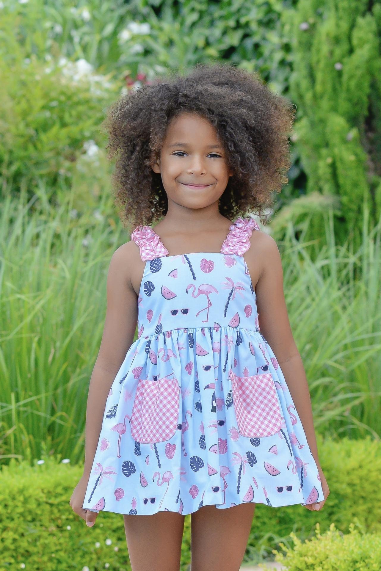 Daniesty vestido "LAGUNA" Infantil Vuelo Estampado Flamencos Cuadro Vichy Rosa 002