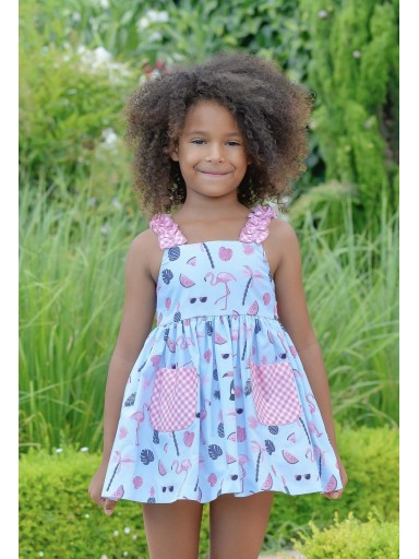 Daniesty vestido "LAGUNA" Infantil Vuelo Estampado Flamencos Cuadro Vichy Rosa 002