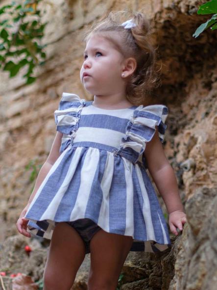 Nekenia Vestido Bebé Vuelo con Braguita Rayas Azul Volantes Hombros 24VC07