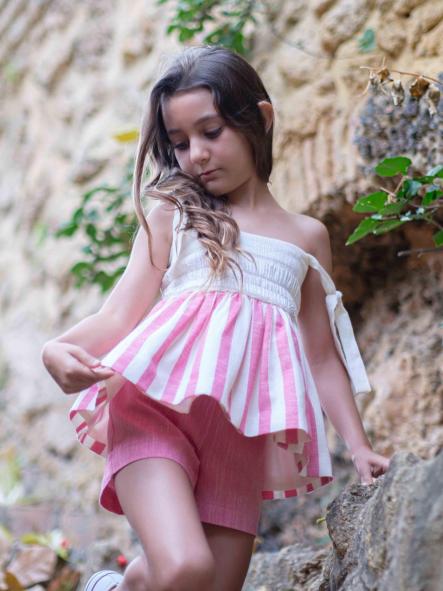 Nekenia Conjunto Infantil Top Tirante Cuerpo Marfil Pantalón Corto Fucsia 24VC04