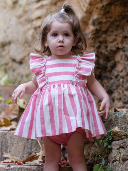Nekenia Vestido Bebé Vuelo con Braguita Rayas Fucsia Volantes Hombros 24VC07