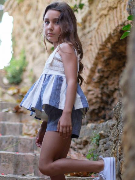 Nekenia Conjunto Infantil Top Tirante Cuerpo Marfil Pantalón Corto Azul 24VC04