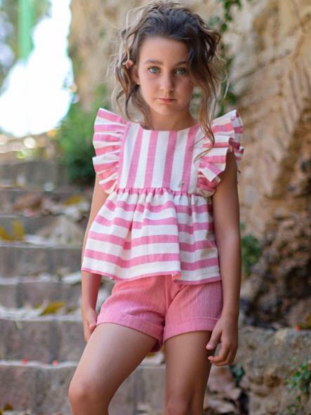 Nekenia Conjunto Infantil Top Rayas Fucsia Volante Pantalón Corto Fucsia Vuelta 24VC02 [0]