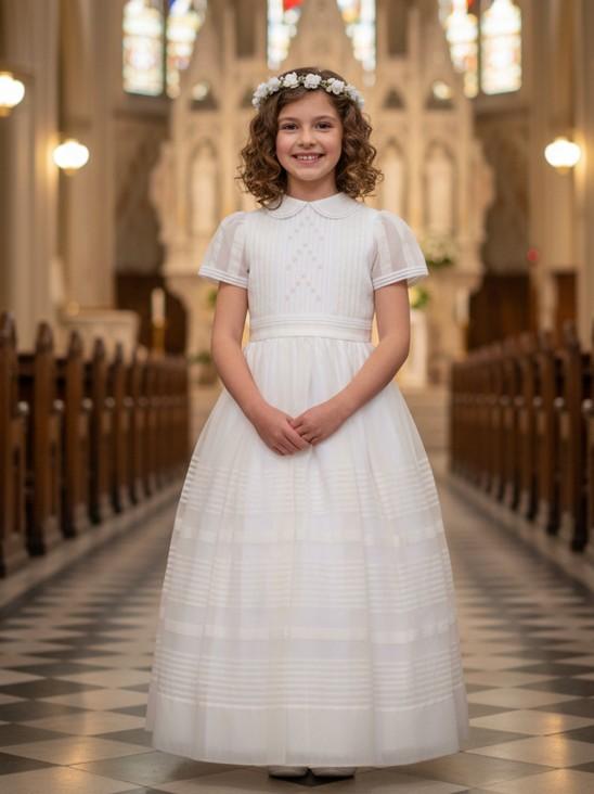 Vestido Comunión Niña Seda natural Modelo Flora 26044 Beig