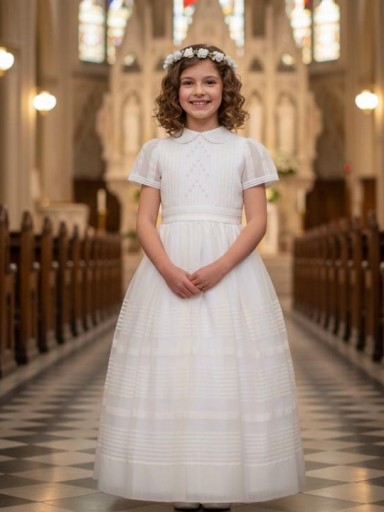 Vestido Comunión Niña Seda natural Modelo Flora 26044 Beig