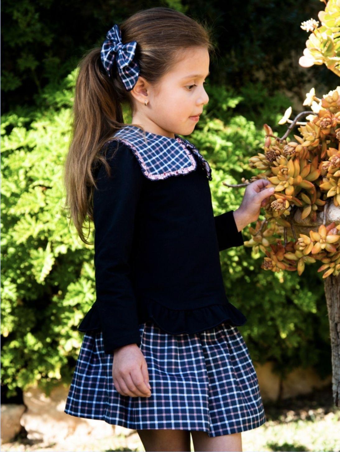Daniesty Conjunto Infantil Sudadera Marino Falda Cuadros 006