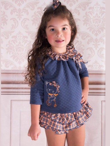 Daniesty Conjunto Sudadera Cloque Azul  Braga con Volantes de Cuadros Familia Gabriela 014 [0]