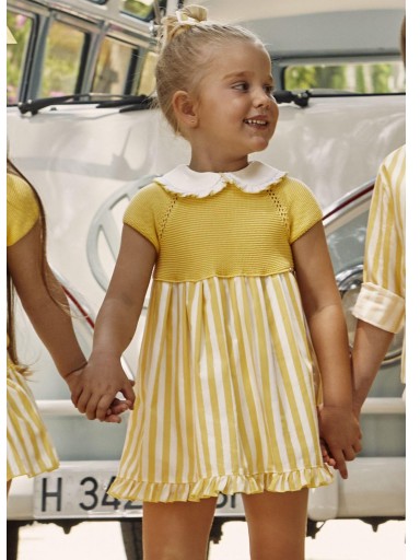 Juliana Vistiendo Bebés Vestido Cuerpo Punto Falda Tela Rayada Amarillo Cuello "Limón" 26122 [1]