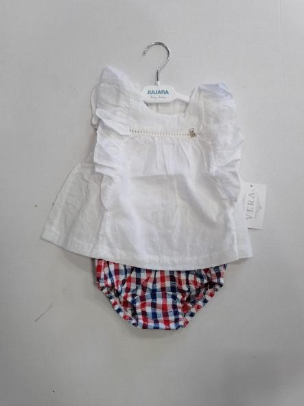 Nekenia Conjunto Bebé Blusa Sin Manga Blanca Braguita Cuadros Corazones 24VC06 Azul/Rojo [1]