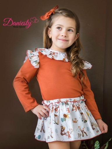 Daniesty Conjunto Niña Falda Blanca Animales del bosque Jersey Caldera Volantes Familia Foret 014 [0]