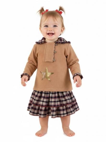 Miranda conjunto sudadera camel estrella capucha falda cuadros marino "Dolly" 32/0163/23