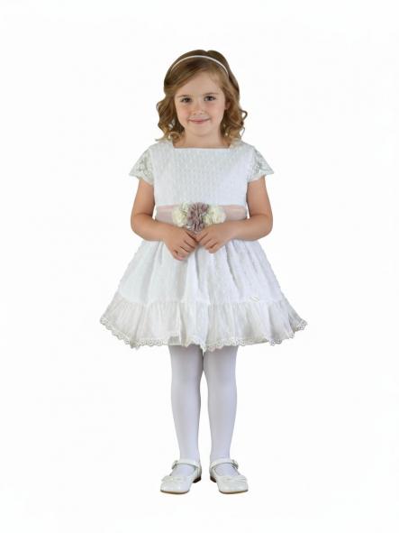Miranda vestido infantil Ceremonia Plumeti blanco mangas encaje fajin rosa "Cassiopeia" 0221/V