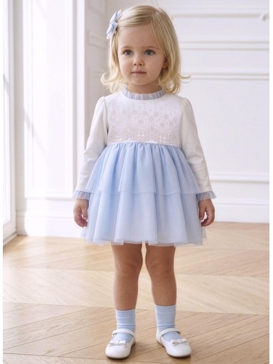 Miranda Vestido Bebe Ceremonia  Cuerpo Crudo Guipour Falda Tul Celeste "Bella" 0122/V [0]