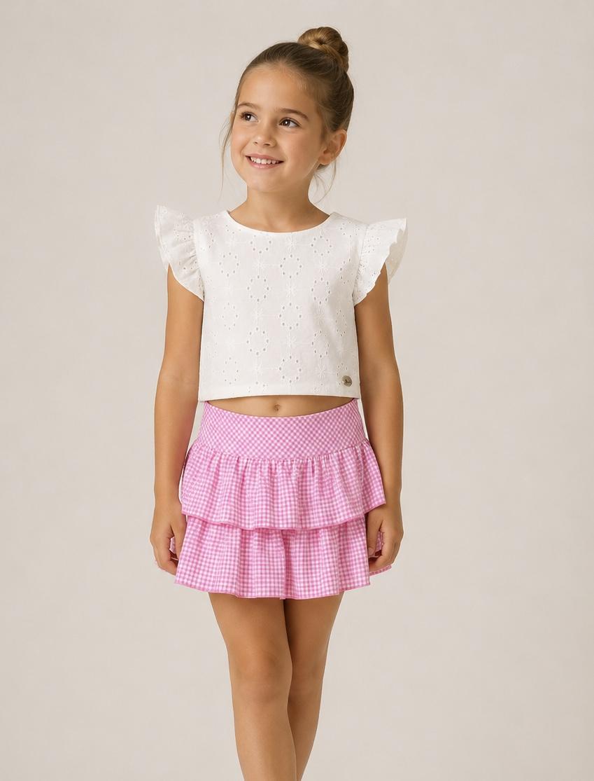 Miranda Conjunto Infantil Top Perforado Falda Volantes Cuadro Vichy Rosa 0604/2F