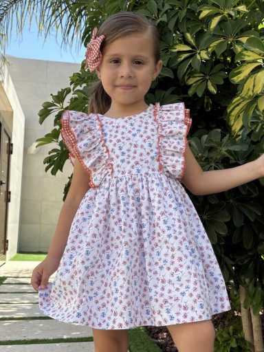 Daniesty vestido "CORAL" Infantil Estampado Flores Azul y Rojo Volantes Hombros 002 [0]