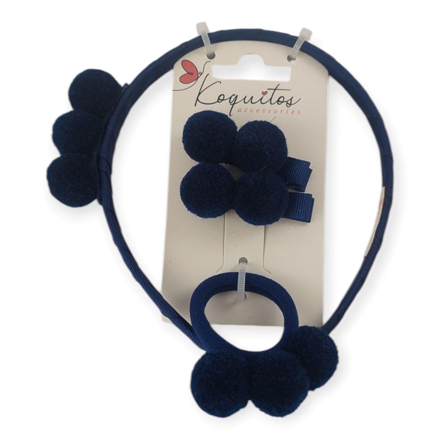 Inca Set diadema, 2 pinzas y coletero pompones 13279-370 Marino