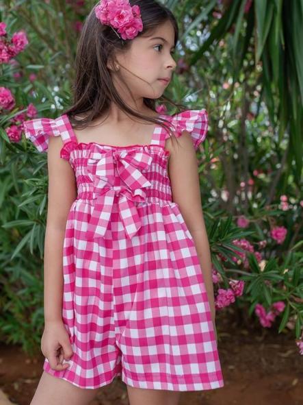 Nekenia Mono Corto Infantil Cuadros Fucsia Volantes hombros 22VP02