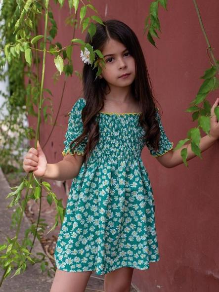 Nekenia Vestido Infantil Estampado Floral Verde Gomillas Cuerpo 22VV03