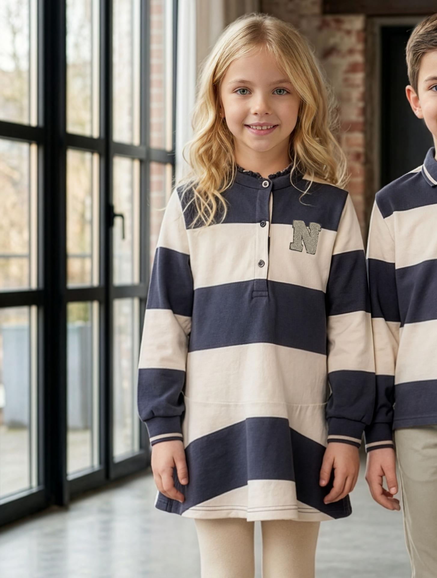 Miranda Vestido Infantil Niña Tipo Polo Franjas Gris Azulado Corte Bajo "Chaca" 1408/V