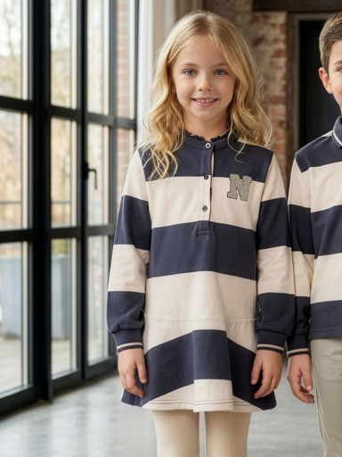 Miranda Vestido Infantil Niña Tipo Polo Franjas Gris Azulado Corte Bajo "Chaca" 1408/V [0]