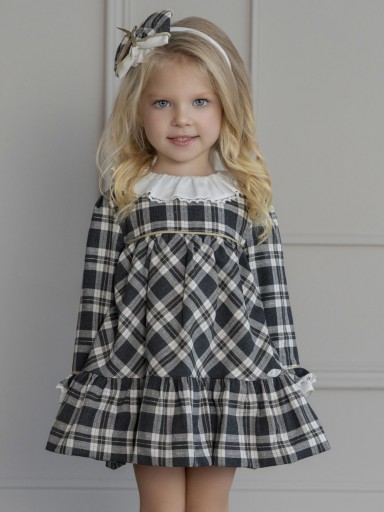 Miranda Vestido Infantil Ceremonia Cuadros Blanco Gris Cuello Blanco "Addison" 0244/V