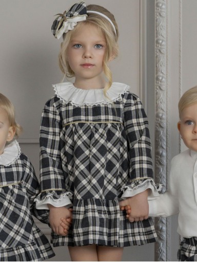 Miranda Vestido Infantil Ceremonia Cuadros Blanco Gris Cuello Blanco "Addison" 0244/V [2]