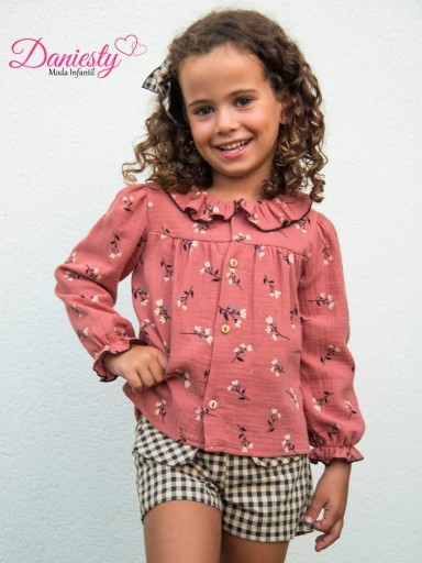 Daniesty Conjunto Infantil Camisa Rosa Estampado Flores Short Cuadro Vichy  Familia Poppy 005 [0]