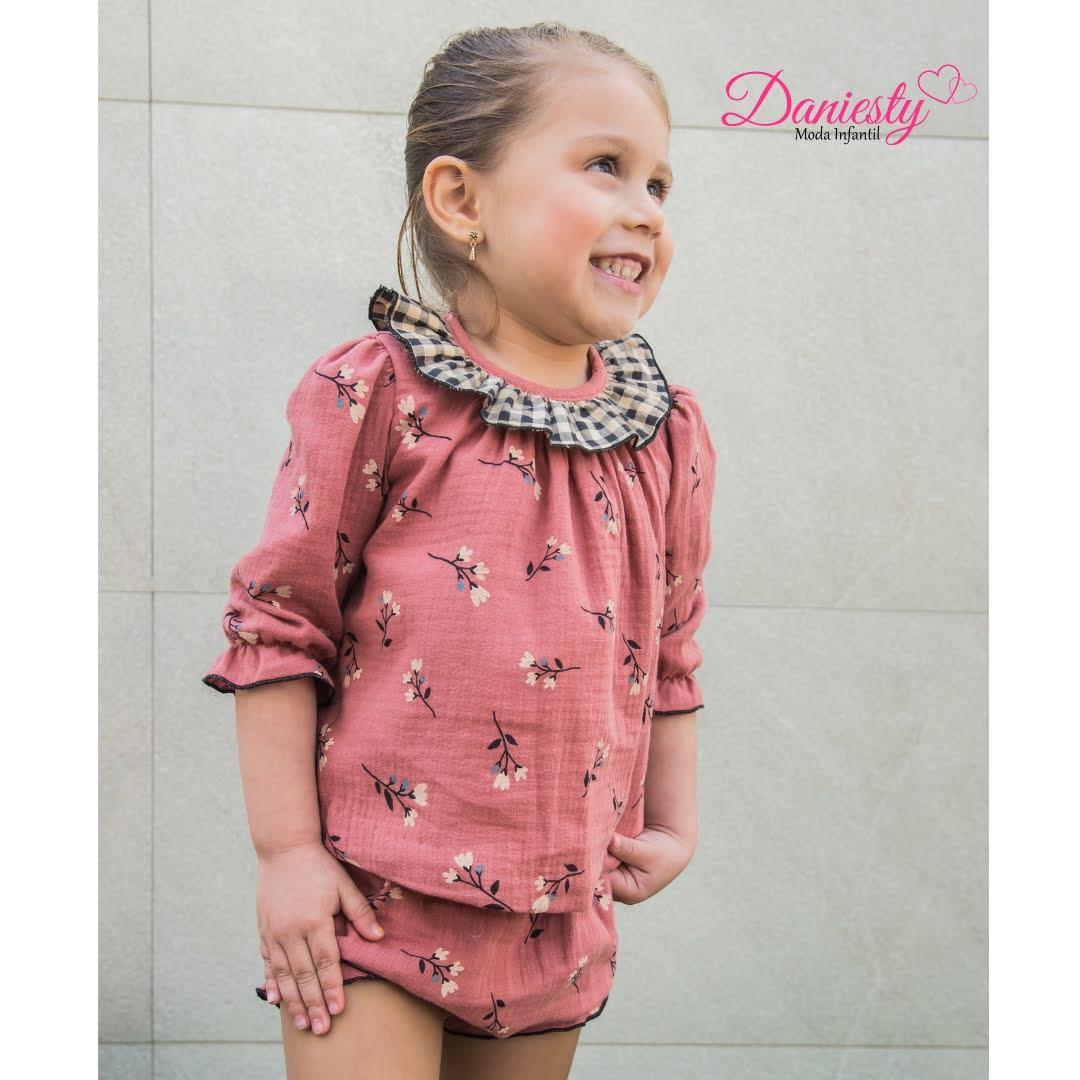Daniesty Conjunto Bebe Blusa Pololo Rosa Estampado Flores Volantes Cuadro Vichy Familia Poppy 010