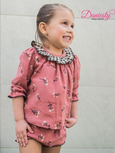 Daniesty Conjunto Bebe  Blusa Pololo Rosa Estampado Flores Volantes Cuadro Vichy  Familia Poppy 010 [0]