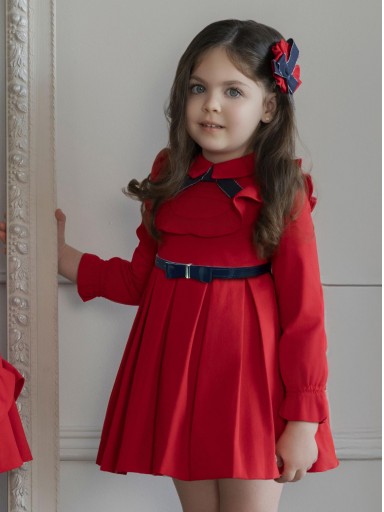 Miranda Vestido Infantil Ceremonia Rojo Falda Tablas Cinturón Marino "Blue Ivy" 0233/V