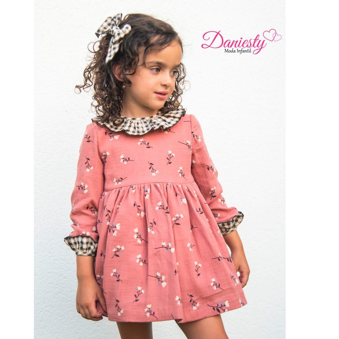 Daniesty Vestido Infantil Vuelo Rosa Estampado Flores Volantes Cuadro Vichy Familia Poppy 002