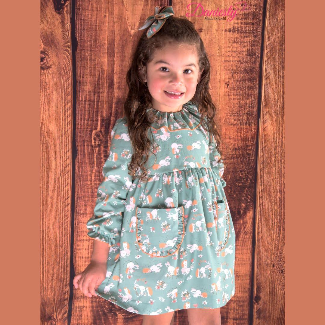 Daniesty Vestido Vuelo Verde Estampado Animalitos Familia Montana 002