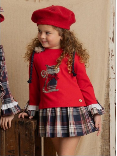 Basmarti Vestido Infantil Combinado Cuerpo Rojo Aplicación Gatito Falda Cuadros La Flauta Mágica 24572