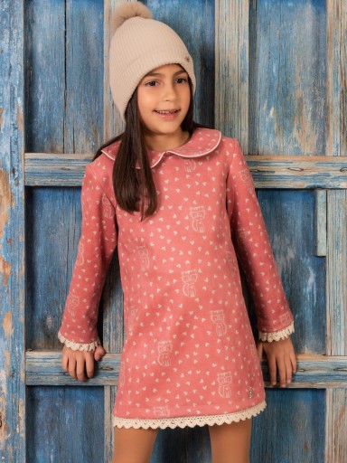 Nekenia Vestido Infantil Evasé Rosa Estampado Antelina Estampado Gato Corazones 2311800