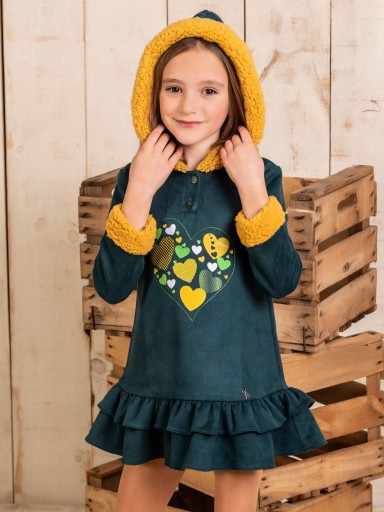 Vera Vestido Infantil Antelina Verde Capucha Borreguito Amarillo Serigrafía Corazones 23IV04 Nekenia