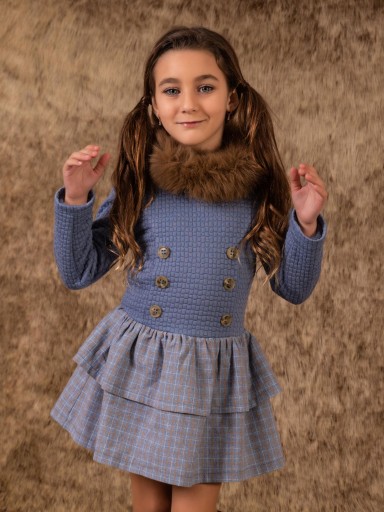 Vera Vestido Infantil Cuerpo Punto Cloqué Azul Botones Falda Cuadros Volantes 23IV22 Nekenia 