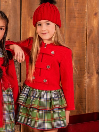 Vera Vestido Infantil Cuerpo Cloqué rojo Trabillas Botones Falda Cuadros Volantes 23IV16 Nekenia 