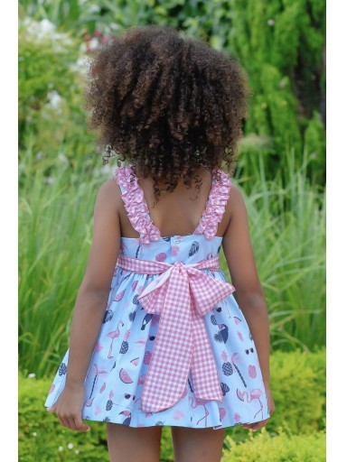 Daniesty vestido "LAGUNA" Infantil Vuelo Estampado Flamencos Cuadro Vichy Rosa 002 [1]