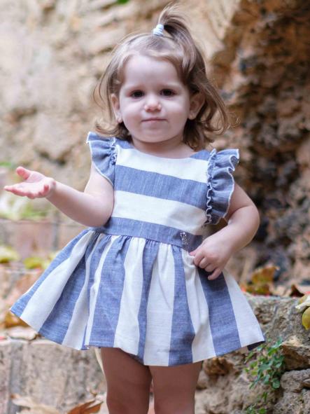 Nekenia Vestido Bebé Vuelo con Braguita Rayas Azul Volantes Hombros 24VC07 [1]