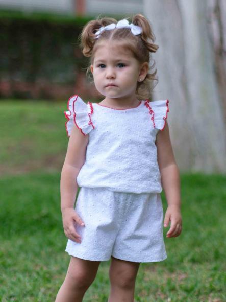 Neke Mono Bebé Algodón Bordado Blanco Volantes Vivo Rojo 24VP05