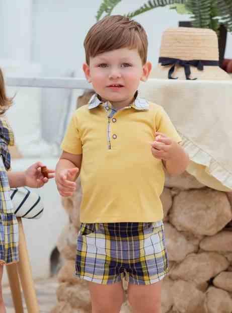 Miranda Conjunto Bebe Polo Amarillo Pantalon Corto Cuadros Amarillo Azul 0526/23