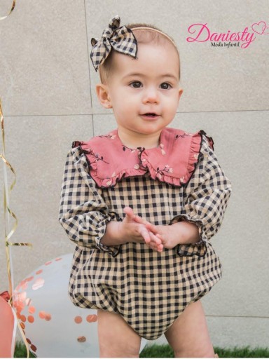 Daniesty Pelele Bebe  Cuadro Vichy Cuello Rosa Estampado Flores Familia Poppy 009 [0]