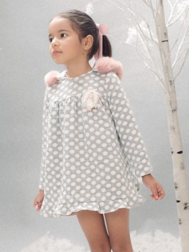 Basmarti Vestido Infantil Evasé Algodón Gris Topos Capucha Pelo Rosa "Thyssen" 25671 [0]