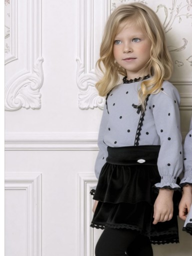 Miranda Conjunto Infantil Blusa Gris Topos Negros Puntilla Falda Volantes Negra "Cruella" 0224/23 [0]