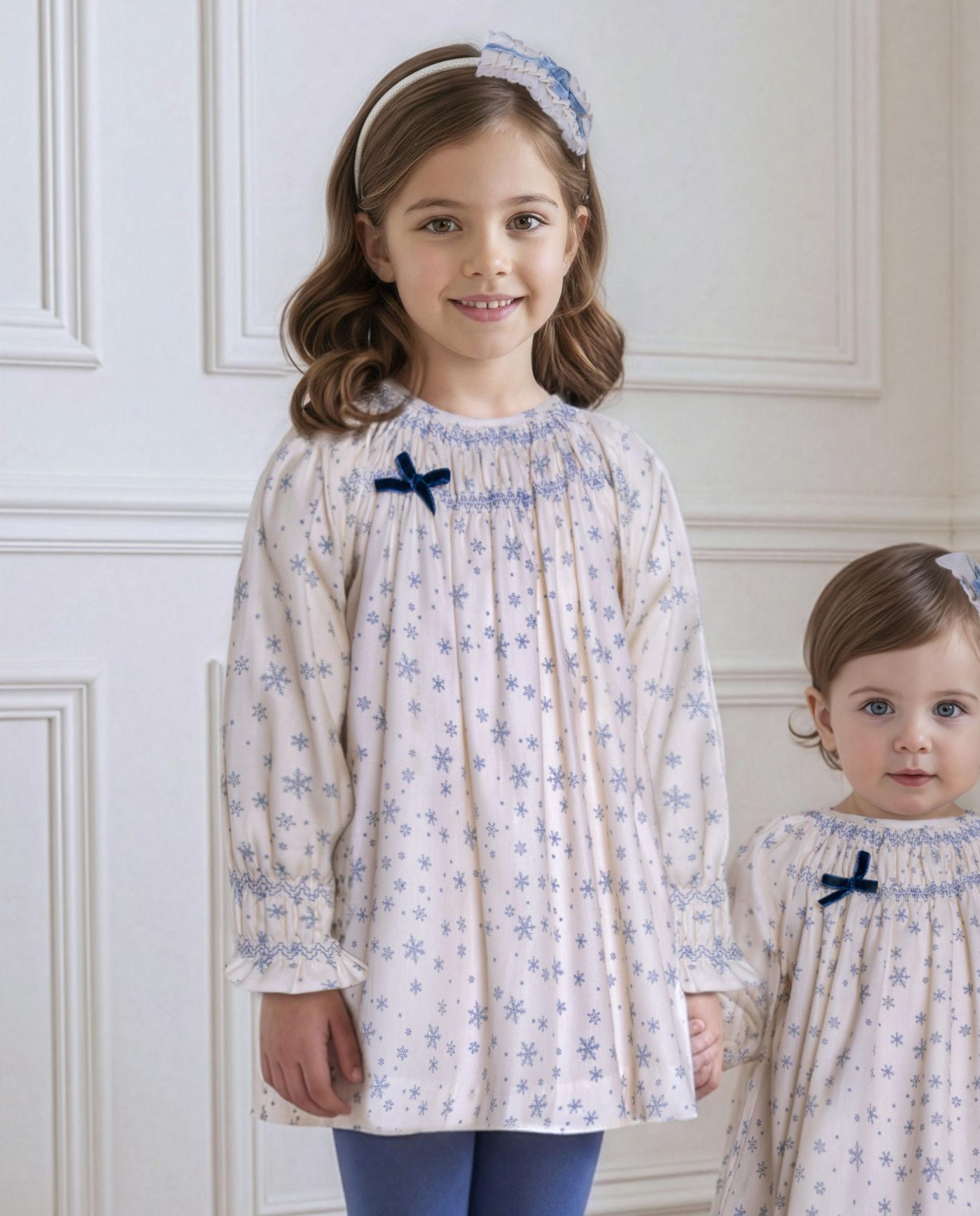 Miranda Vestido Infantil Crudo Estampado Estrellas de la Nieve Lazada Terciopelo Marino "Jessie" 0225/V