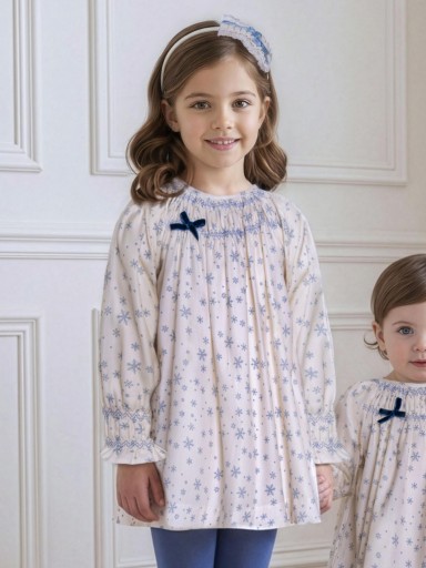 Miranda Vestido Infantil Crudo Estampado Estrellas de la Nieve  Lazada Terciopelo Marino "Jessie" 0225/V [0]
