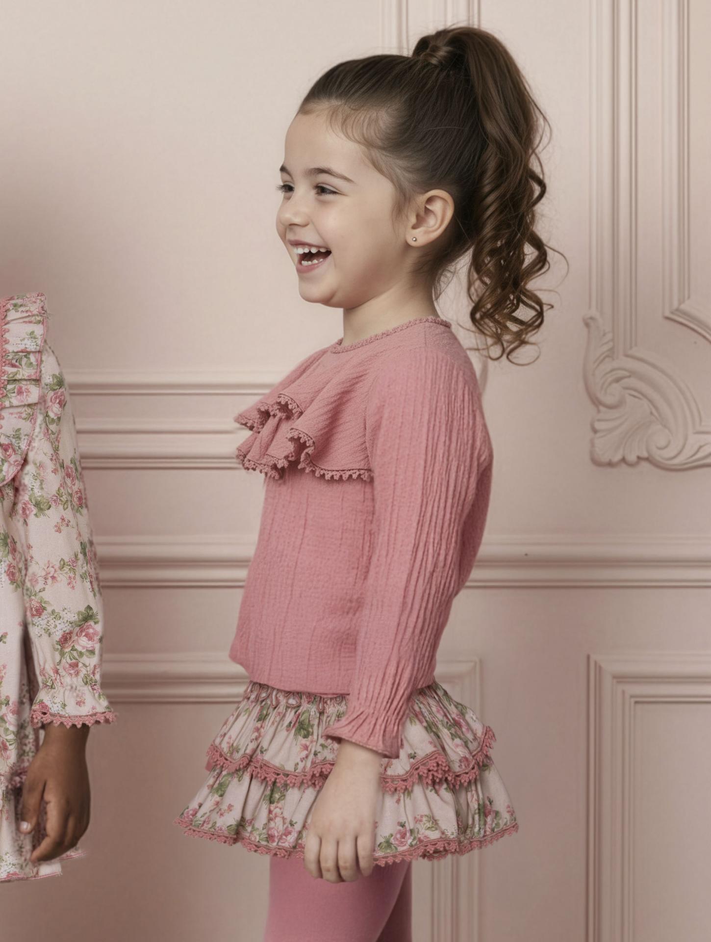 Miranda Conjunto Infantil Blusa Rosa Braguita Sobrefalda Volantes Estampada Puntilla "Megara" 0226/23